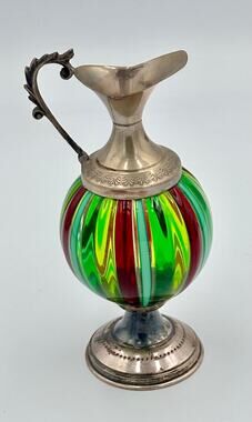 Italian Handblown Murano Art Glass and Silver Oggetti Colorful Mini Pitcher